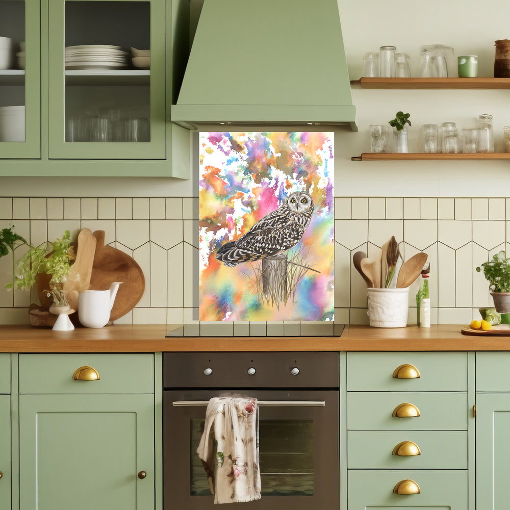 Spatscherm "Velduil | Explosie van kleur in je keuken"