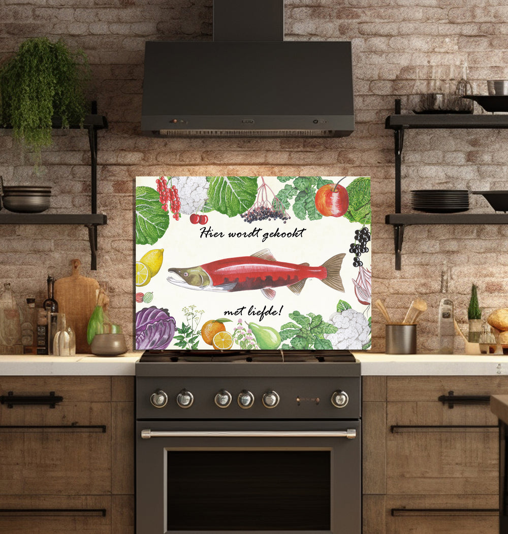 Spatscherm "Rode zalm, koken met liefde"