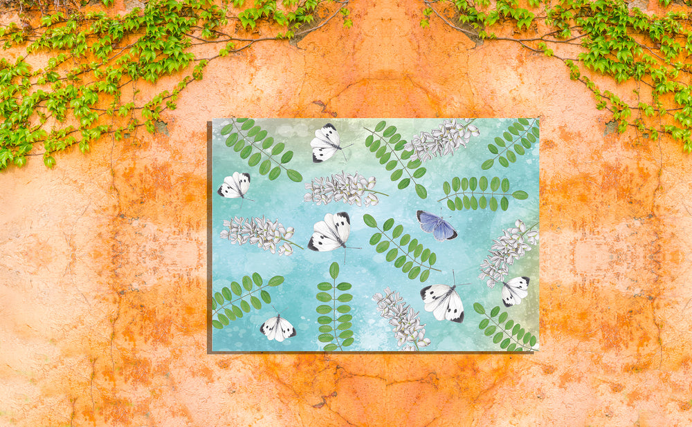 Tuinposter "Acacia met witjes op blauwe achtergrond"