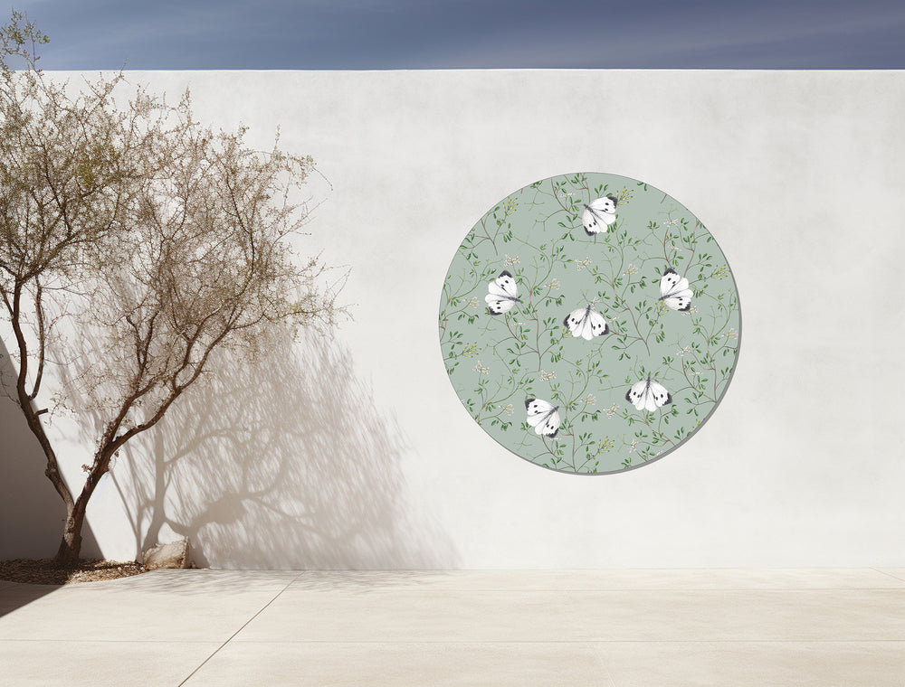 Tuinposter Cirkel "Rankende helmbloem met witjes"