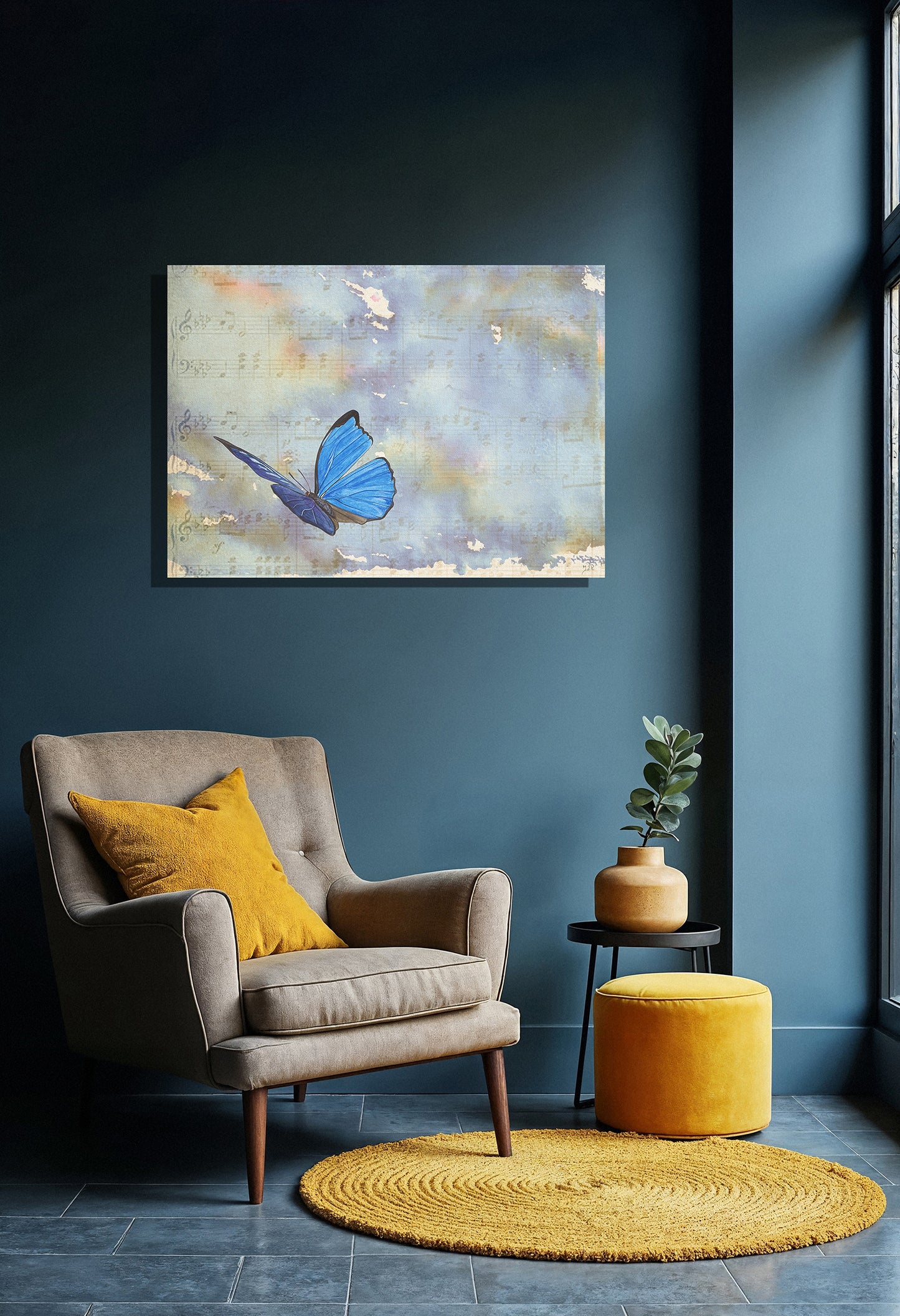 Wanddecoratie "Vlinder vliegt op muzieknoten"