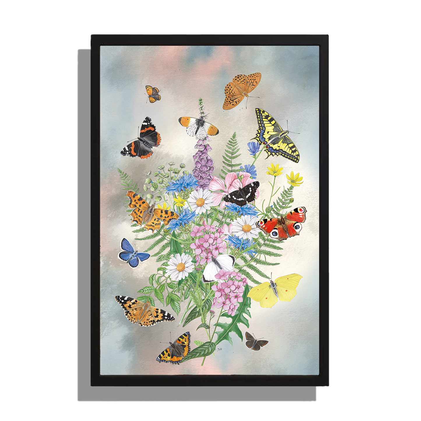 Wanddecoratie "Bosje kleurrijke bloemen met vlinders"