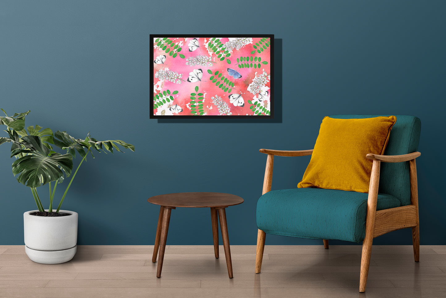 Ingelijst "Acacia met witjes op roze achtergrond"