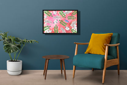 Ingelijst "Acacia met witjes op roze achtergrond"