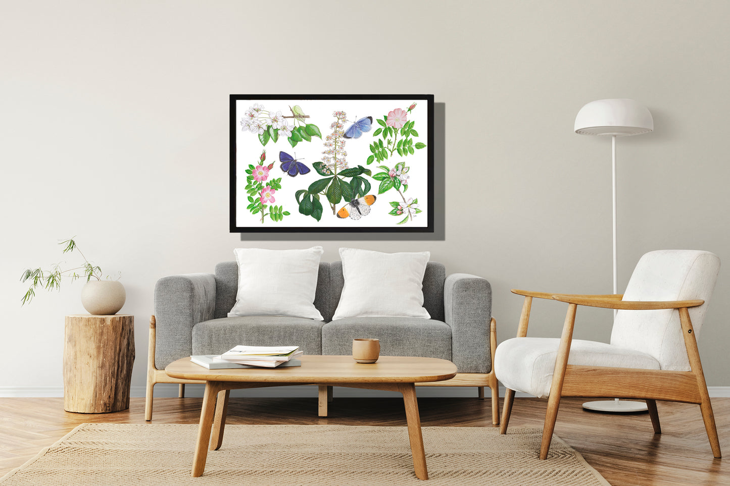 Ingelijst "Bloesems en haar vlinders"