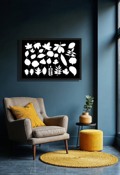 Ingelijst "Collage van bladeren witzwart"