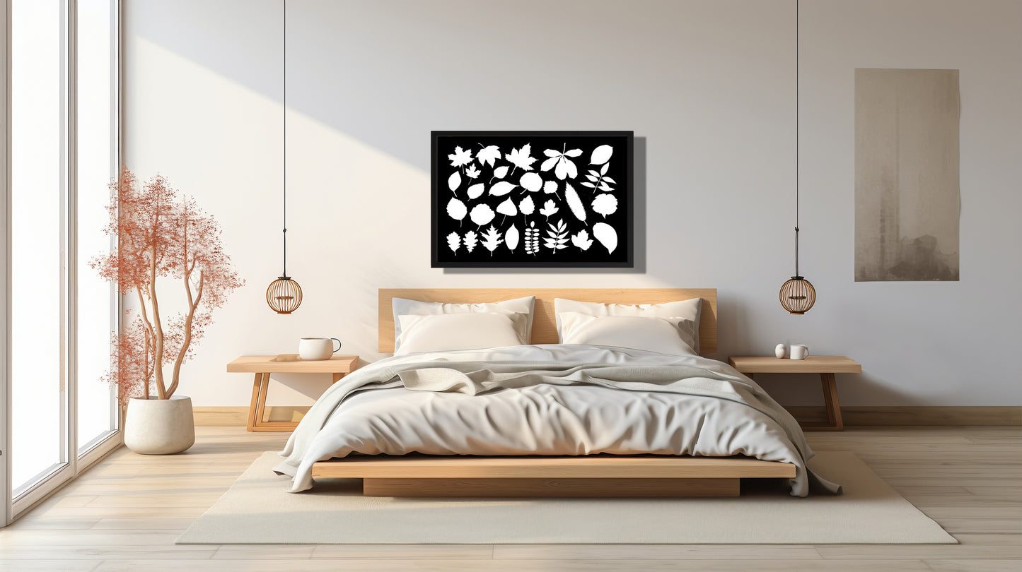 Ingelijst "Collage van bladeren witzwart"