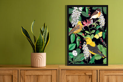 Ingelijst "Kamperfoelie met vogels"
