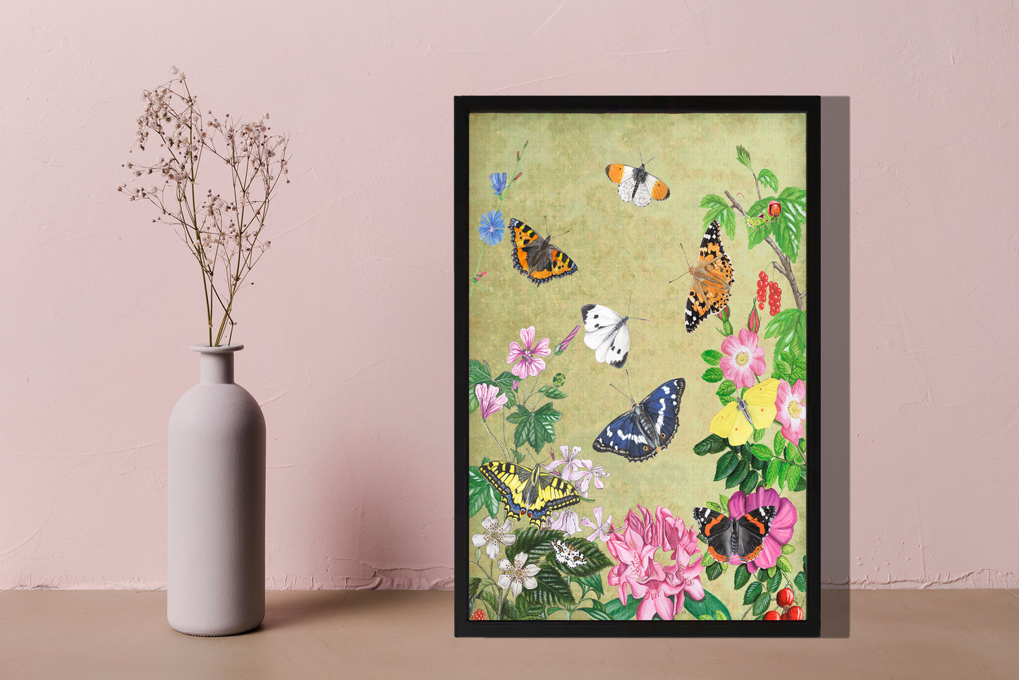 Ingelijst "Planten en vlinders, vintage"