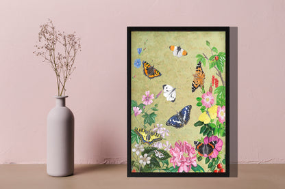 Ingelijst "Planten en vlinders, vintage"