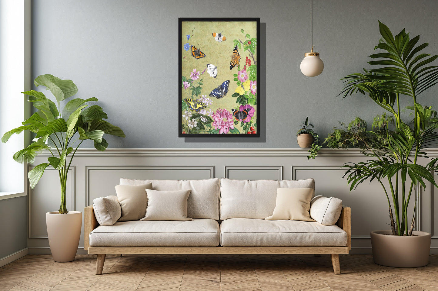Ingelijst "Planten en vlinders, vintage"