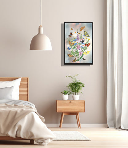 Ingelijst "Bosje kleurrijke bloemen met vlinders"
